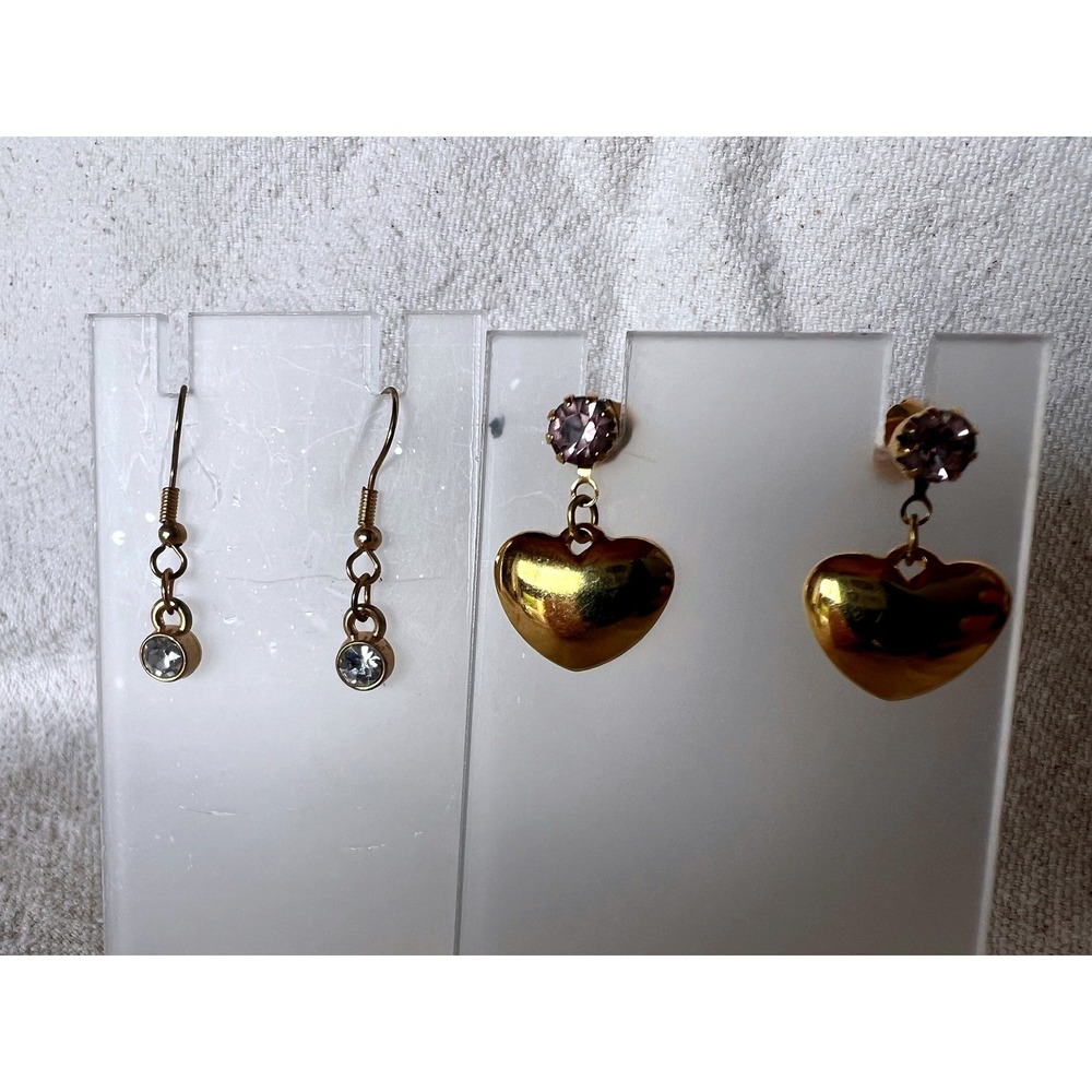 2pr Earring Gold Heart Dangle Purple Rhinestone Drop Earrings